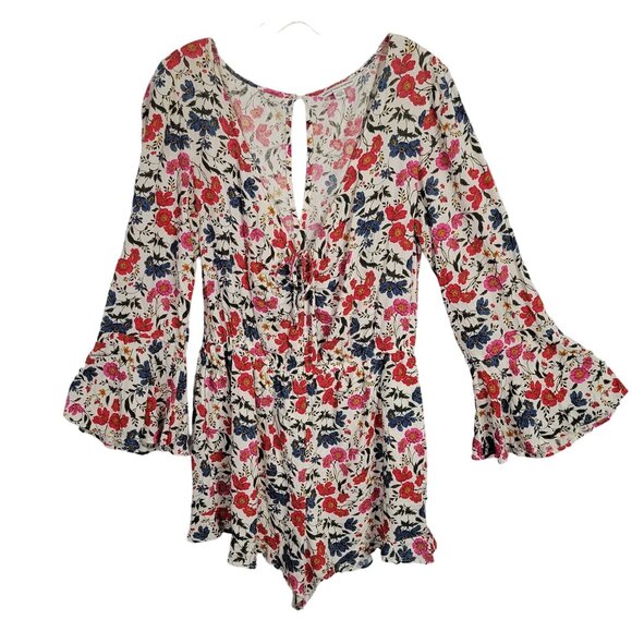 American Eagle Outfitters Pants - American Eagle Outfitters Size L Romper Floral Adjustable Neck Bell Sleeve Flowy